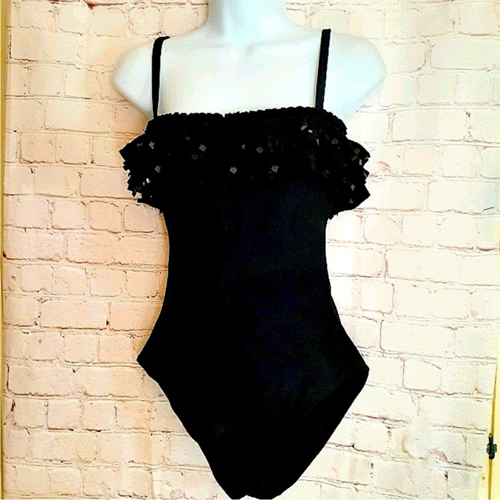 Gottex Black Ruffle Sequin Top One Piece Swimsuit Size 8 Slimming Resortwear